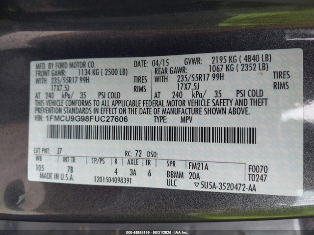 Продаж на аукціоні авто 2015 Ford Escape Se, vin: 1FMCU9G98FUC27606, номер лоту: 45984199
