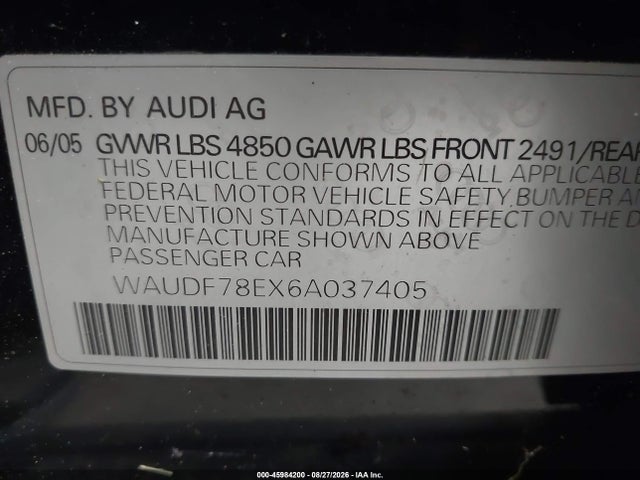 Продажа на аукционе авто 2006 Audi A4 2.0t, vin: WAUDF78EX6A037405, номер лота: 45984200