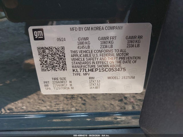 45984210 :رقم المزاد ، KL77LHEP1SC053475 vin ، 2025 Chevrolet Trax Fwd Lt مزاد بيع