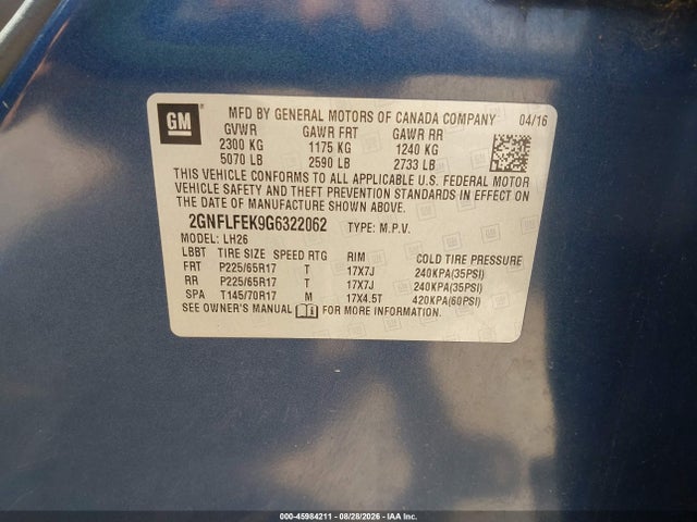2016 Chevrolet Equinox Lt მანქანა იყიდება აუქციონზე, vin: 2GNFLFEK9G6322062, აუქციონის ნომერი: 45984211