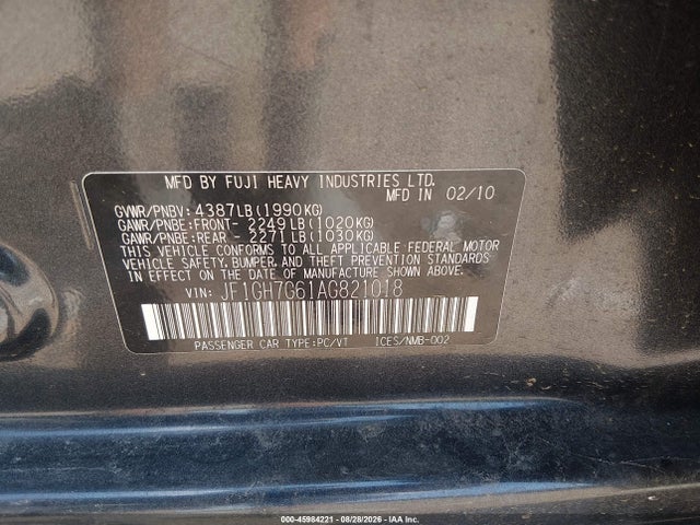45984221 :رقم المزاد ، JF1GH7G61AG821018 vin ، 2010 Subaru Impreza Wrx Premium مزاد بيع
