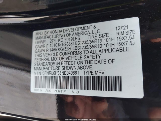 2022 Honda Odyssey Touring მანქანა იყიდება აუქციონზე, vin: 5FNRL6H86NB049661, აუქციონის ნომერი: 45984230