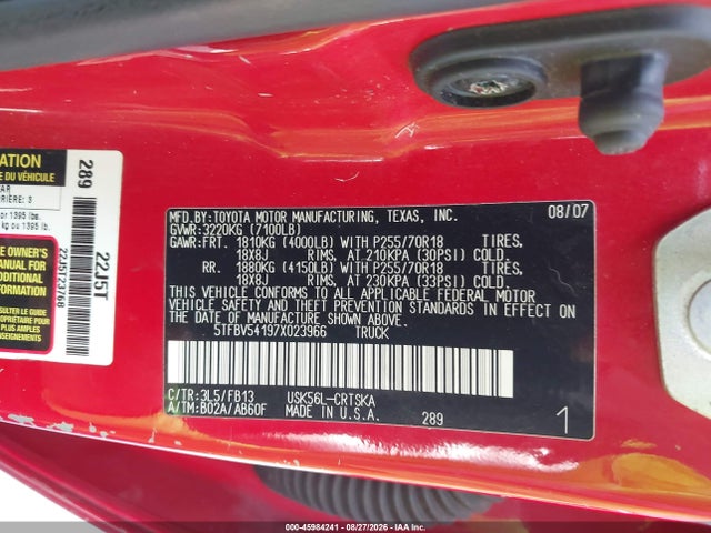 Продажа на аукционе авто 2007 Toyota Tundra Sr5 5.7l V8, vin: 5TFBV54197X023966, номер лота: 45984241
