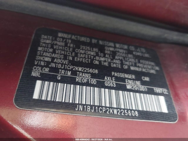 45984242 :رقم المزاد ، JN1BJ1CP2KW225608 vin ، 2019 Nissan Rogue Sport S مزاد بيع