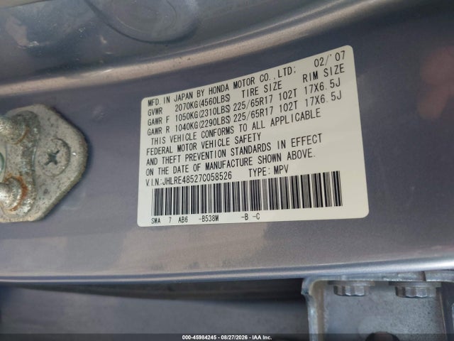 Aukcja sprzedaży 2007 Honda Cr-v Ex, vin: JHLRE48527C058526, numer aukcji: 45984245