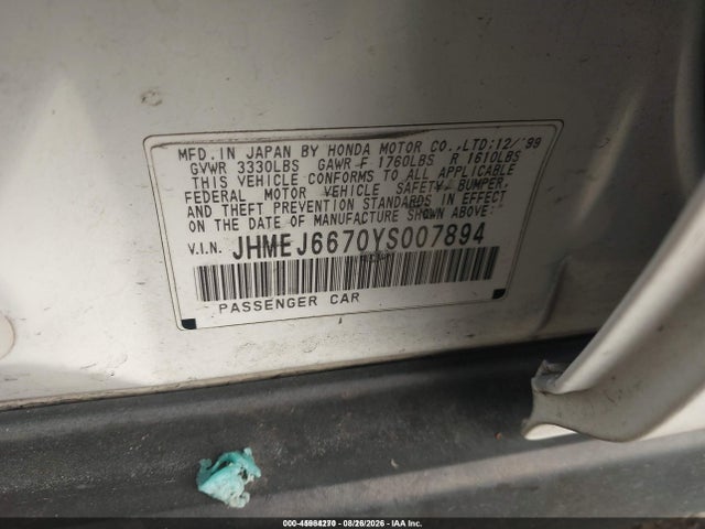 Aukcja sprzedaży 2000 Honda Civic Lx, vin: JHMEJ6670YS007894, numer aukcji: 45984270