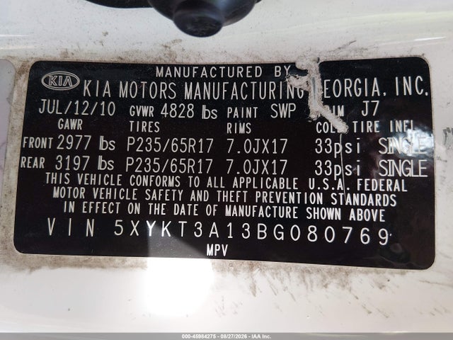 2011 Kia Sorento Lx მანქანა იყიდება აუქციონზე, vin: 5XYKT3A13BG080769, აუქციონის ნომერი: 45984275