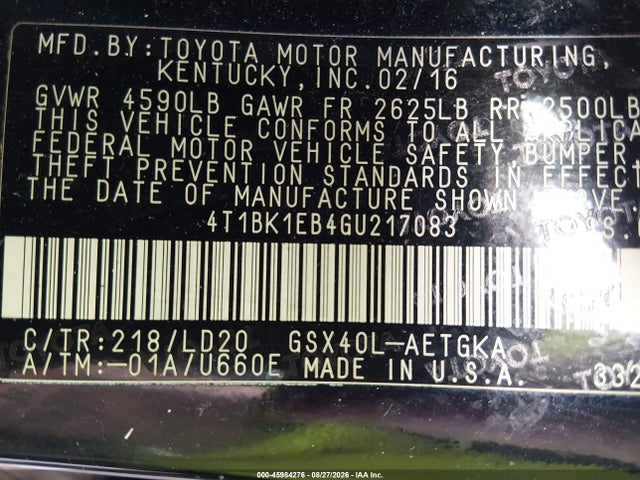 2016 Toyota Avalon Xle მანქანა იყიდება აუქციონზე, vin: 4T1BK1EB4GU217083, აუქციონის ნომერი: 45984276