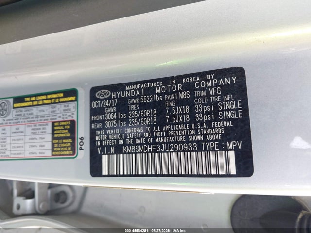 45984281 :رقم المزاد ، KM8SMDHF3JU290933 vin ، 2018 Hyundai Santa Fe Se مزاد بيع