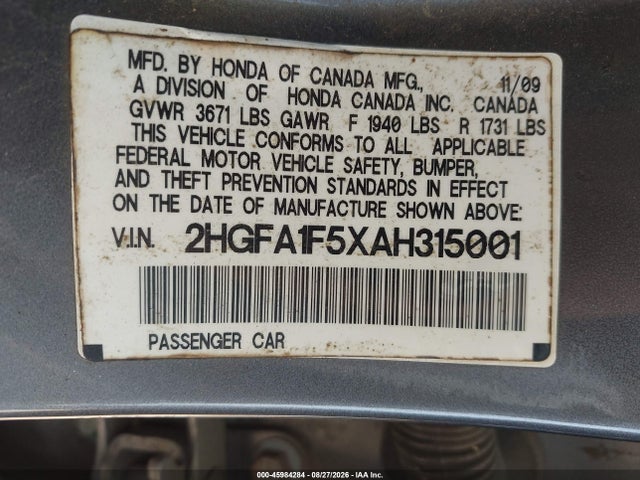 Продаж на аукціоні авто 2010 Honda Civic Lx, vin: 2HGFA1F5XAH315001, номер лоту: 45984284