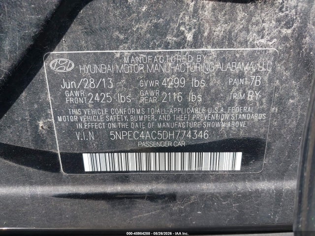 2013 Hyundai Sonata Se მანქანა იყიდება აუქციონზე, vin: 5NPEC4AC5DH774346, აუქციონის ნომერი: 45984288