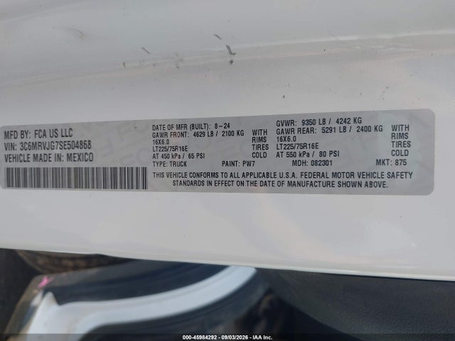 45984292 :رقم المزاد ، 3C6MRVJG7SE504868 vin ، 2025 Ram Promaster 3500 Cargo Van Tradesman High Roof 159 Wb Ext مزاد بيع