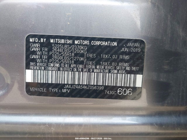 Aukcja sprzedaży 2019 Mitsubishi Outlander Phev Sel, vin: JA4J24A54KZ056399, numer aukcji: 45984296