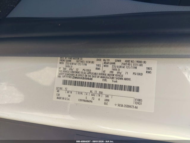 Aukcja sprzedaży 2019 Ford Transit-250, vin: 1FTYR1ZM6KKB09848, numer aukcji: 45984297