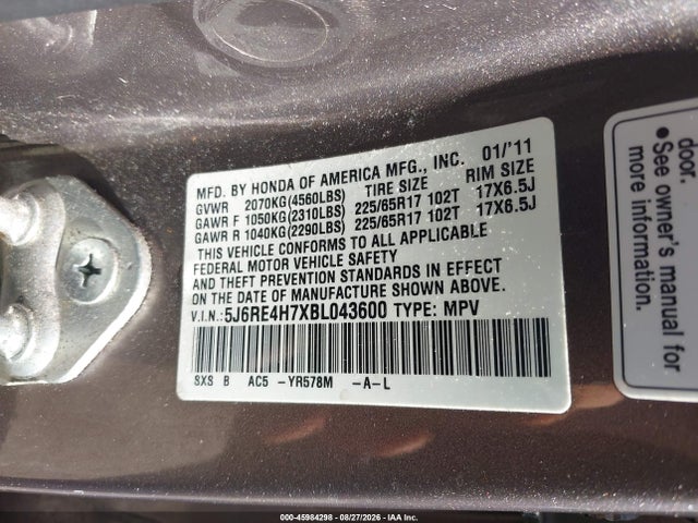 Продажа на аукционе авто 2011 Honda Cr-v Ex-l, vin: 5J6RE4H7XBL043600, номер лота: 45984298