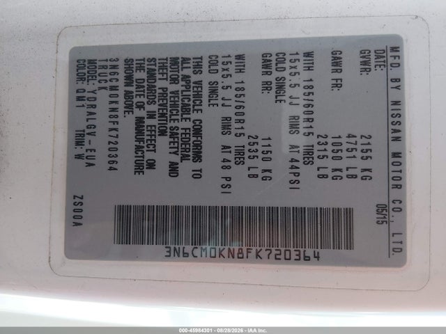 Aukcja sprzedaży 2015 Nissan Nv200 S/sv, vin: 3N6CM0KN8FK720364, numer aukcji: 45984301