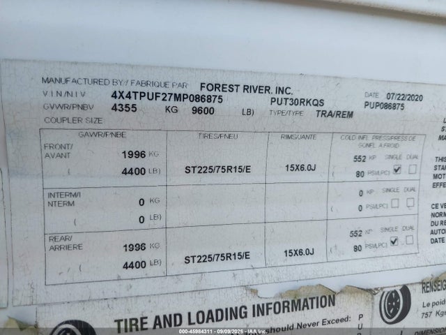 45984311 :رقم المزاد ، 4X4TPUF27MP086875 vin ، 2021 Palomino Other مزاد بيع