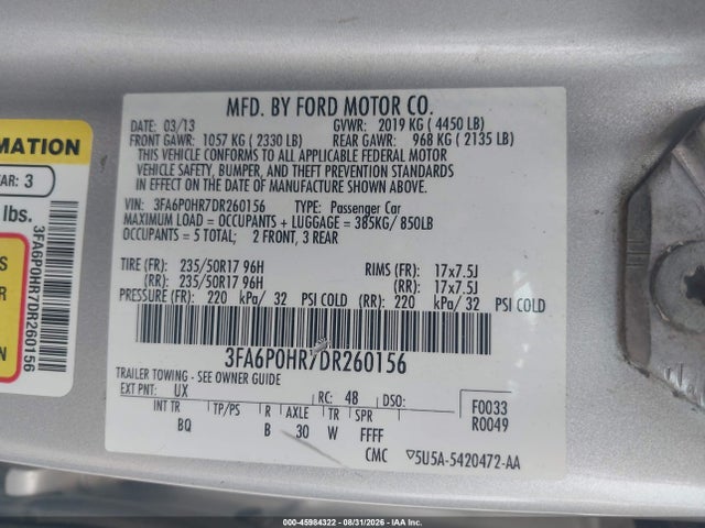 2013 Ford Fusion Se მანქანა იყიდება აუქციონზე, vin: 3FA6P0HR7DR260156, აუქციონის ნომერი: 45984322