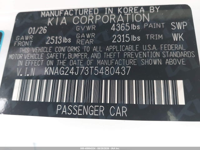 45984324 :رقم المزاد ، KNAG24J73T5480437 vin ، 2026 Kia K5 Lxs Fwd مزاد بيع