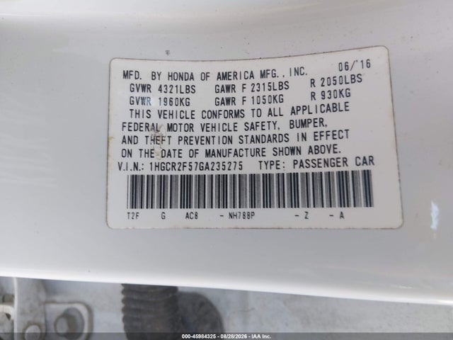 Aukcja sprzedaży 2016 Honda Accord Sport, vin: 1HGCR2F57GA235275, numer aukcji: 45984325