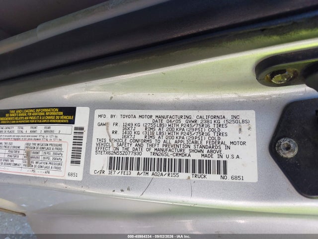 Aukcja sprzedaży 2005 Toyota Tacoma Prerunner, vin: 5TETX62N55Z077930, numer aukcji: 45984334