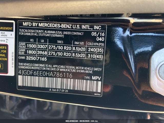 45984340 :رقم المزاد ، 4JGDF6EE0HA786116 vin ، 2017 Mercedes-benz Gls 450 4matic مزاد بيع