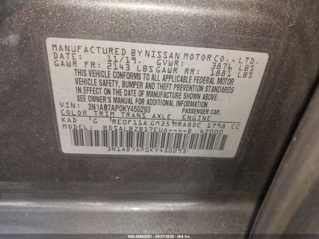 Aukcja sprzedaży 2019 Nissan Sentra S, vin: 3N1AB7AP0KY450293, numer aukcji: 45984351