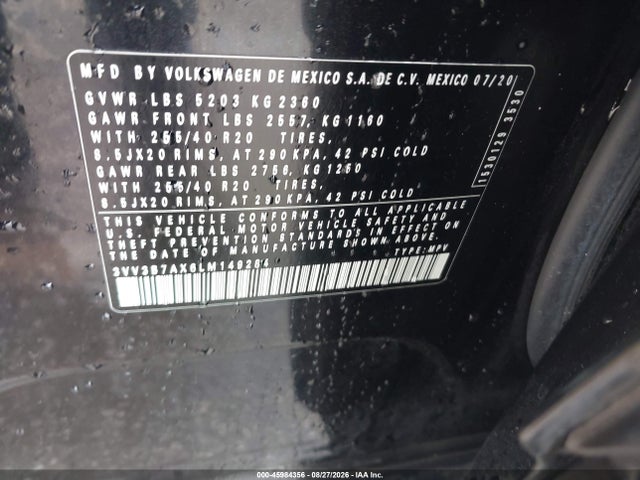 Aukcja sprzedaży 2020 Volkswagen Tiguan 2.0t Se/2.0t Se R-line Black/2.0t Sel, vin: 3VV3B7AX6LM149284, numer aukcji: 45984356