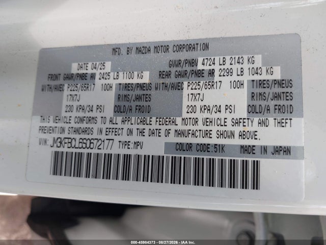 Aukcja sprzedaży 2025 Mazda Cx-5 2.5 S Preferred, vin: JM3KFBCL6S0672177, numer aukcji: 45984373