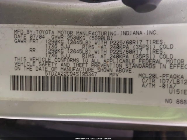 Aukcja sprzedaży 2004 Toyota Sienna Xle, vin: 5TDZA22C94S195347, numer aukcji: 45984375