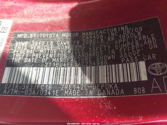 Aukcja sprzedaży 2010 Toyota Corolla Le, vin: 2T1BU4EE1AC234986, numer aukcji: 45984390