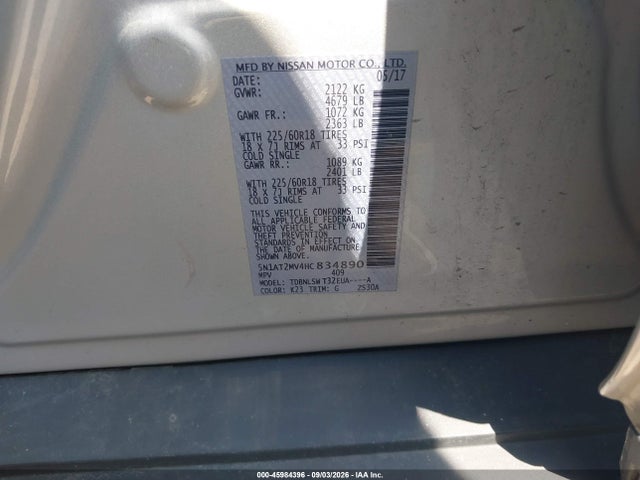 Продажа на аукционе авто 2017 Nissan Rogue Sl, vin: 5N1AT2MV4HC834890, номер лота: 45984396
