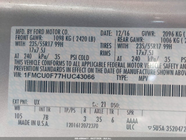 Продажа на аукционе авто 2017 Ford Escape S, vin: 1FMCU0F77HUC43066, номер лота: 45984411