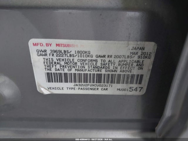 Aukcja sprzedaży 2012 Mitsubishi Lancer Es, vin: JA32U2FUXCU023171, numer aukcji: 45984413