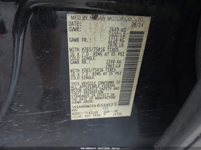 45984419 :رقم المزاد ، 5N1AN0NW2FN650023 vin ، 2015 Nissan Xterra Pro-4x مزاد بيع