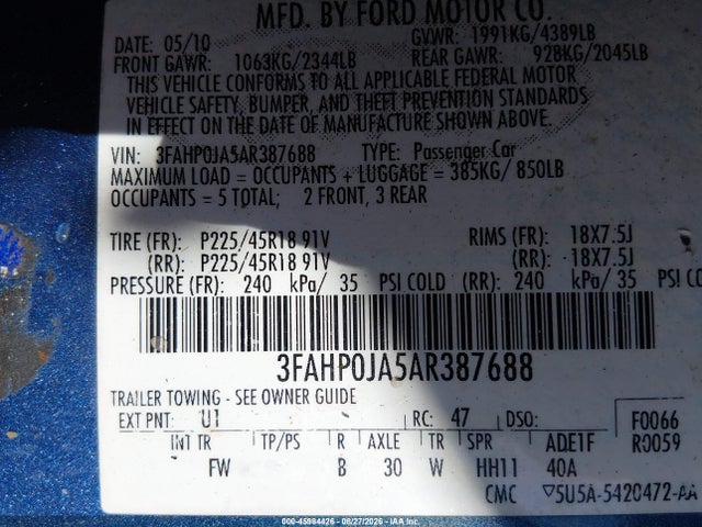2010 Ford Fusion Sel მანქანა იყიდება აუქციონზე, vin: 3FAHP0JA5AR387688, აუქციონის ნომერი: 45984426