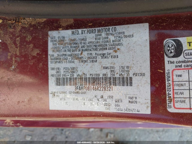 45984452 :رقم المزاد ، 3FAHP08146R228321 vin ، 2006 Ford Fusion Sel مزاد بيع