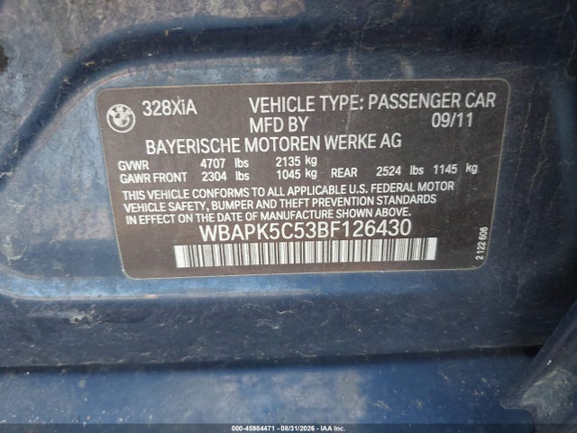 Aukcja sprzedaży 2011 Bmw 328i Xdrive, vin: WBAPK5C53BF126430, numer aukcji: 45984471