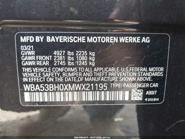 Aukcja sprzedaży 2021 Bmw 530i, vin: WBA53BH0XMWX21195, numer aukcji: 45984475