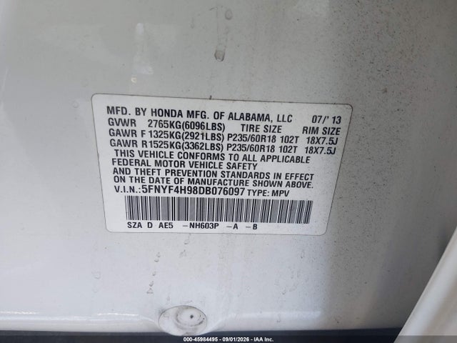 Aukcja sprzedaży 2013 Honda Pilot Touring, vin: 5FNYF4H98DB076097, numer aukcji: 45984495