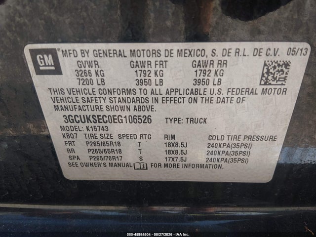 Aukcja sprzedaży 2014 Chevrolet Silverado 1500 Ltz, vin: 3GCUKSEC0EG106526, numer aukcji: 45984504