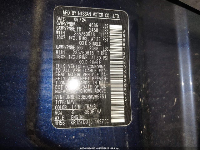 45984515 :رقم المزاد ، JN8BT3BB0RW285751 vin ، 2024 Nissan Rogue Sv Intelligent Awd مزاد بيع