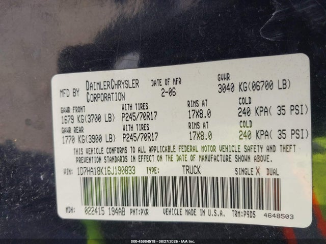 Продажа на аукционе авто 2006 Dodge Ram 1500 St, vin: 1D7HA18K16J190833, номер лота: 45984518