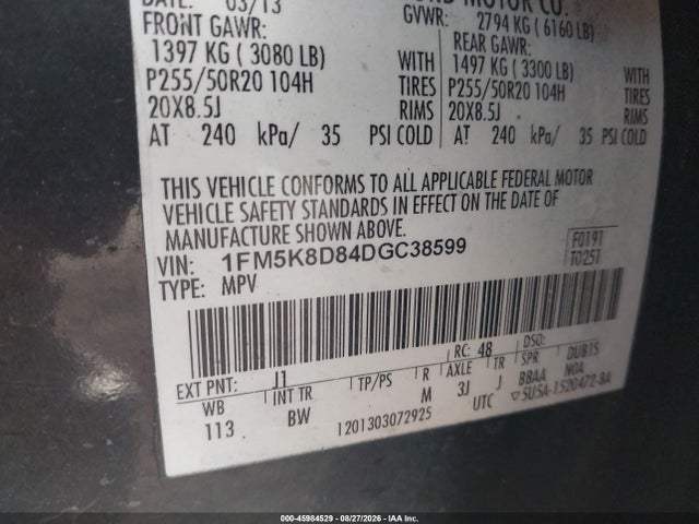 45984529 :رقم المزاد ، 1FM5K8D84DGC38599 vin ، 2013 Ford Explorer Xlt مزاد بيع