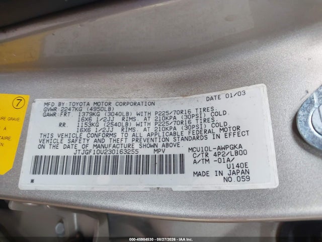 Aukcja sprzedaży 2003 Lexus Rx 300, vin: JTJGF10U230163255, numer aukcji: 45984530