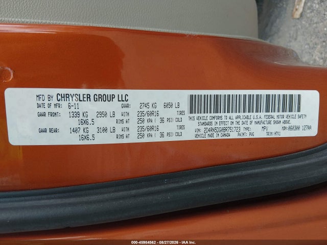 2011 Dodge Grand Caravan Crew მანქანა იყიდება აუქციონზე, vin: 2D4RN5DG0BR751723, აუქციონის ნომერი: 45984562