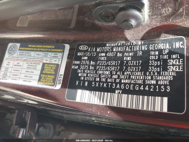 Продажа на аукционе авто 2014 Kia Sorento Lx, vin: 5XYKT3A60EG442153, номер лота: 45984563
