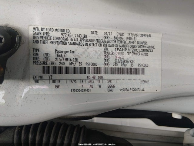 2012 Ford Focus Se მანქანა იყიდება აუქციონზე, vin: 1FAHP3F28CL385633, აუქციონის ნომერი: 45984571