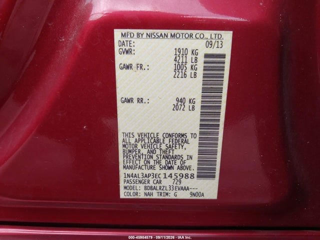 45984579 :رقم المزاد ، 1N4AL3AP3EC145988 vin ، 2014 Nissan Altima 2.5 S مزاد بيع
