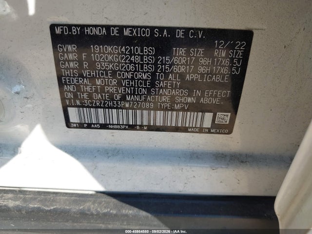 Продаж на аукціоні авто 2023 Honda Hr-v Awd Lx, vin: 3CZRZ2H33PM727089, номер лоту: 45984580